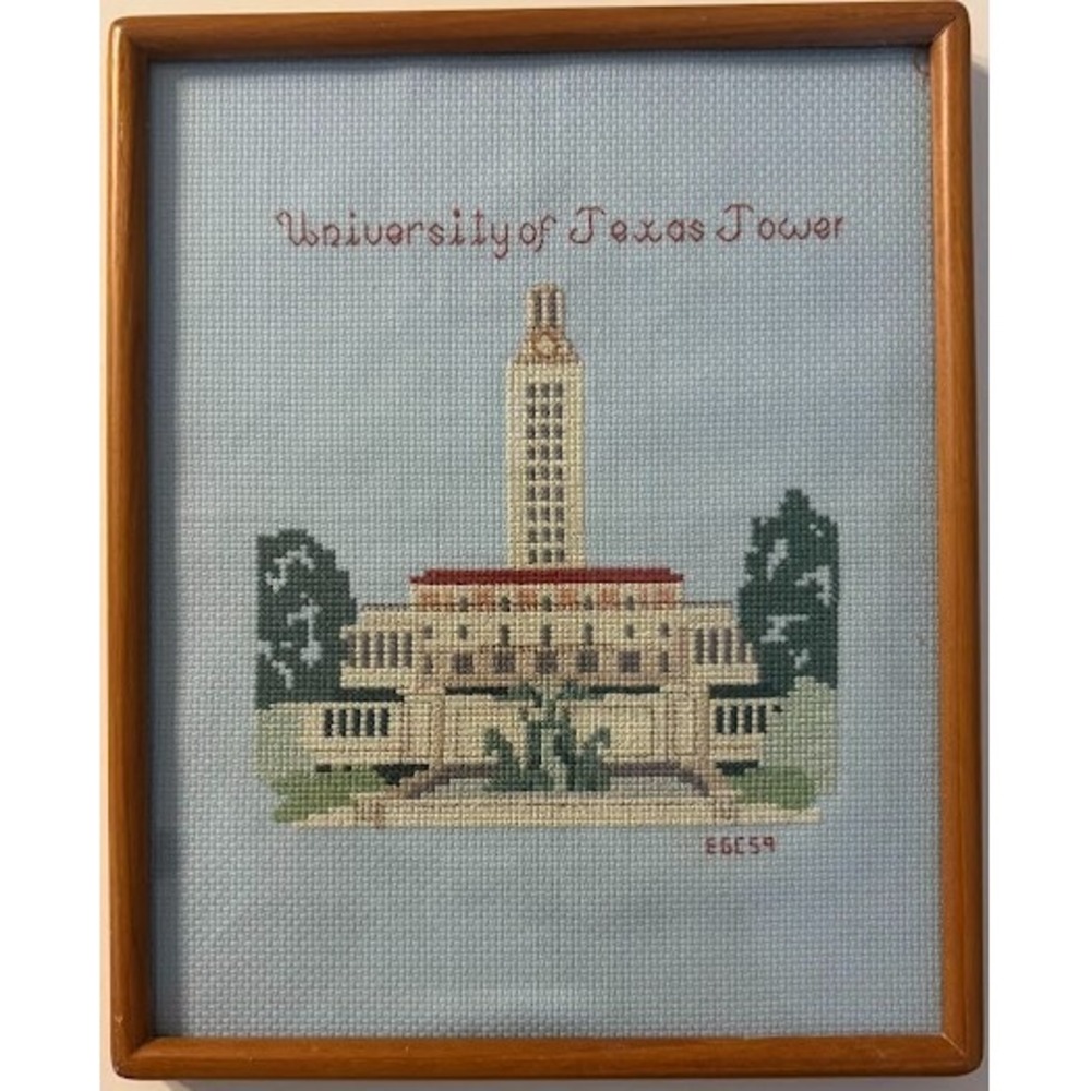 Vintage University of Texas Tower Austin Framed Cross Stitch Needlepoint Art